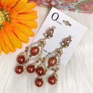 Boho Earrings Copper Look Pearl Rhinestone Bling Goldtone Clip-On Dressy Dangles